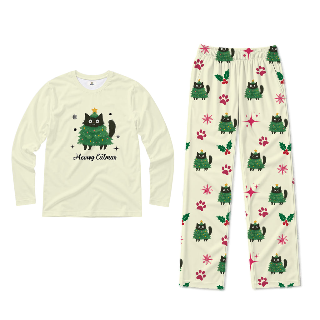 Meowy Catmas Christmas Tree Black Cat Family Matching Pajamas Set with Dog