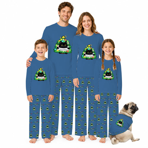 Funny Black Cat In Christmas Tree Family Pajamas for Adults Kids Dog