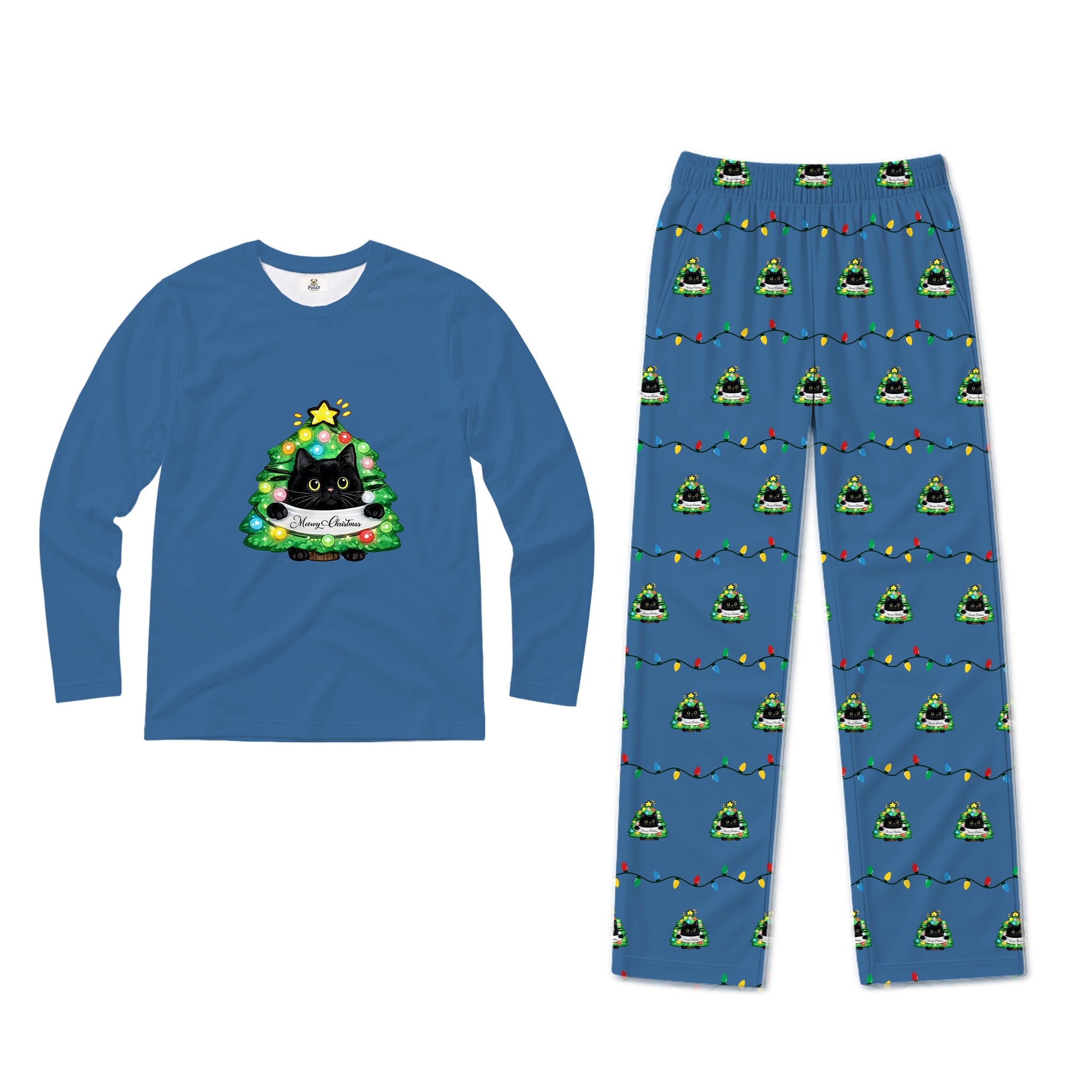 Funny Black Cat In Christmas Tree Family Pajamas for Adults Kids Dog
