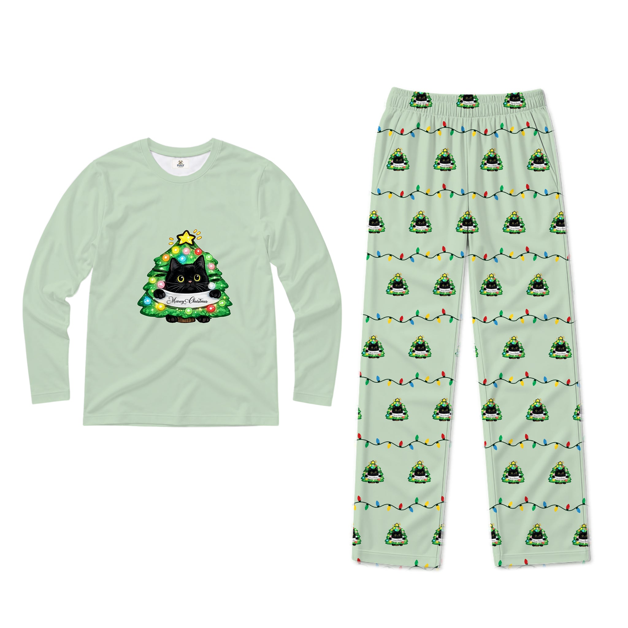 Funny Black Cat In Christmas Tree Family Pajamas for Adults Kids Dog