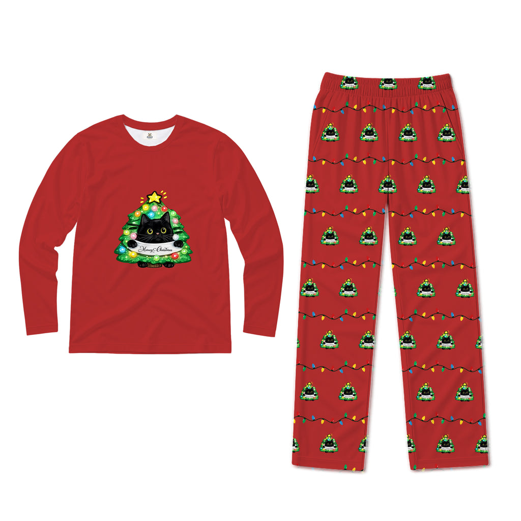 Funny Black Cat In Christmas Tree Family Pajamas for Adults Kids Dog