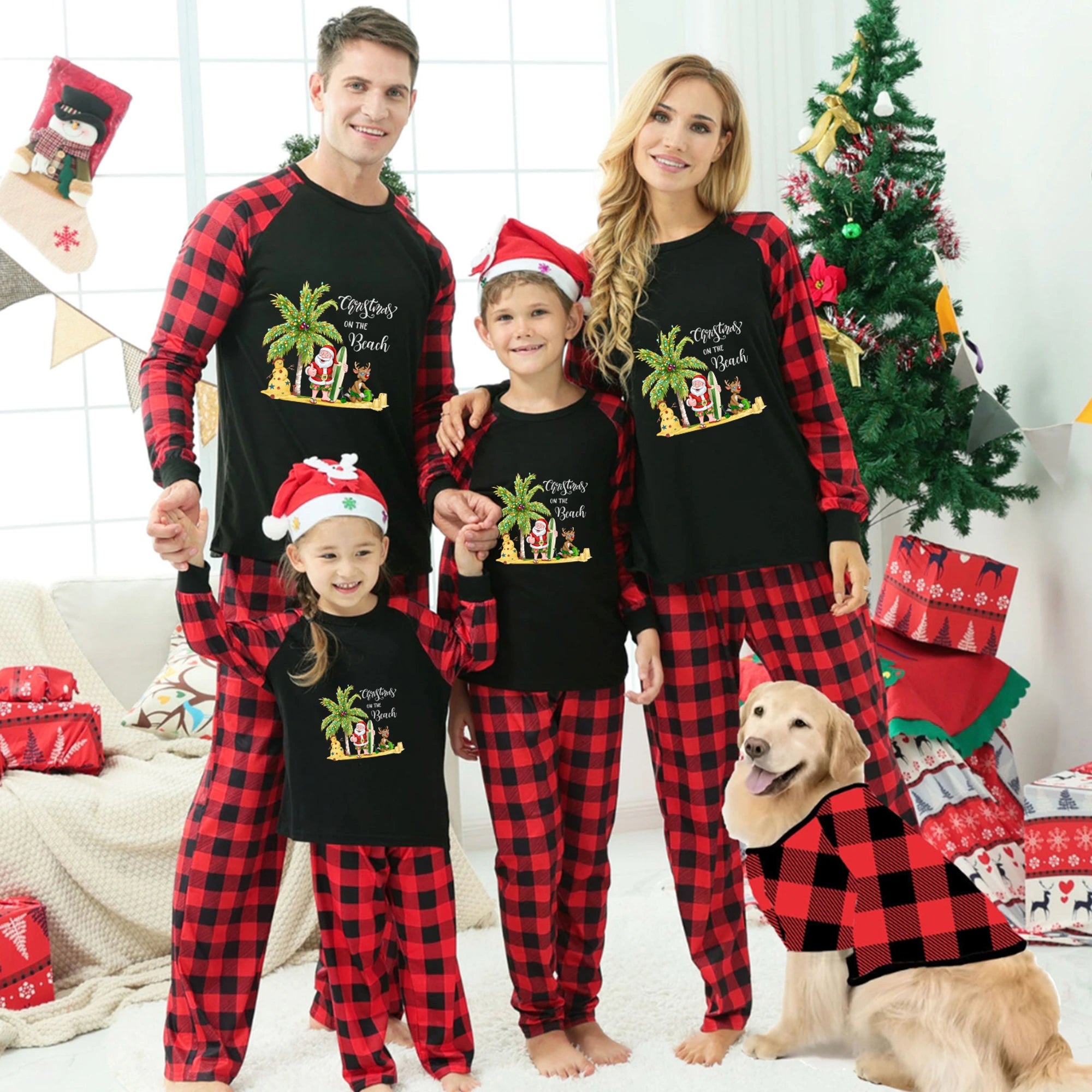 Family Christmas Pajama Set Santa Beach Matching Buffalo Plaid Sleepwear