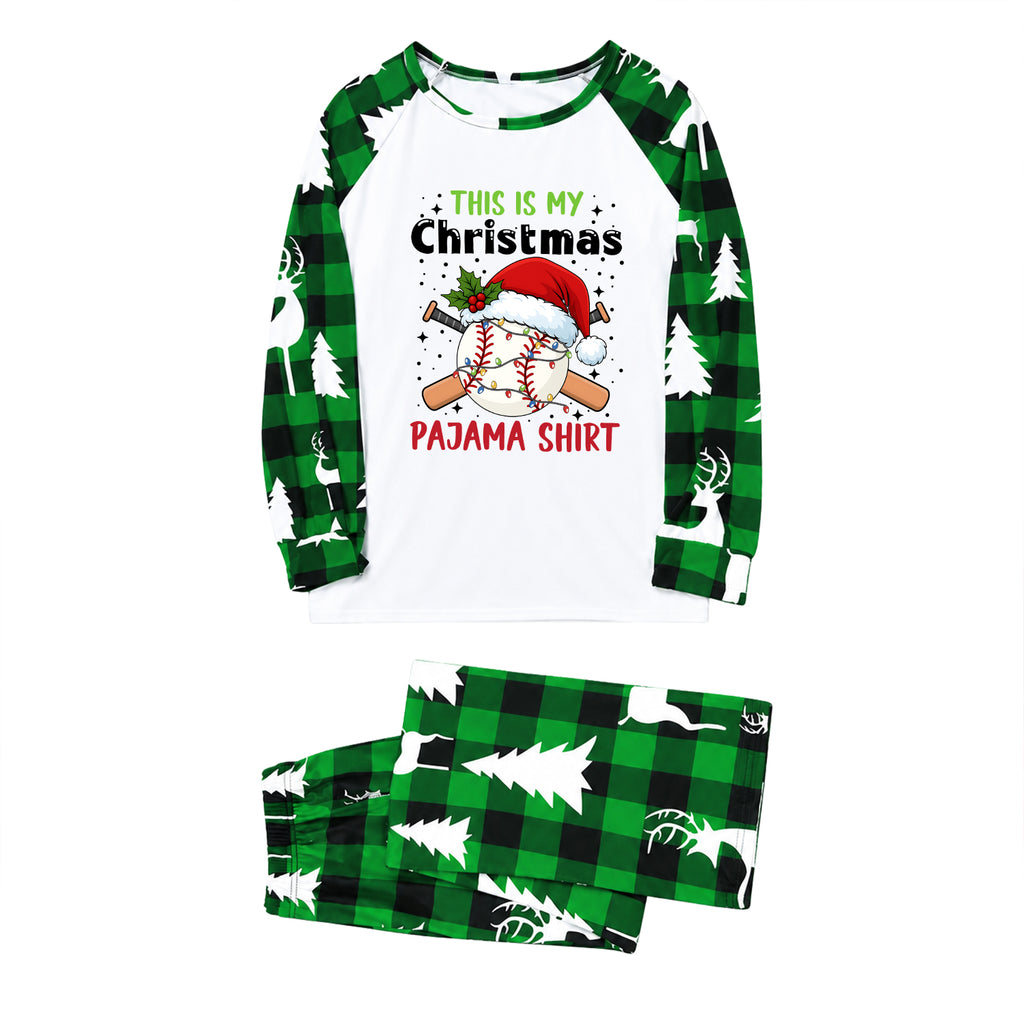 A two-piece Christmas-themed pajama set laid flat on a white background. The long-sleeve top is white on the front with green and black buffalo plaid sleeves, decorated with white Christmas tree silhouettes and a graphic of a baseball, bat, Santa hat, and the text 'THIS IS MY Christmas PAJAMA SHIRT'.