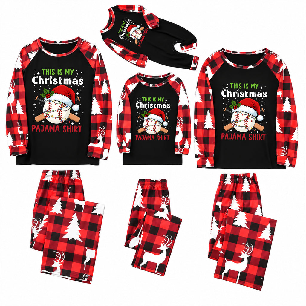 Four matching Christmas pajama sets shown on a plain white background, including long-sleeve shirts and pants in red-and-black buffalo plaid and black with holiday graphics and text.