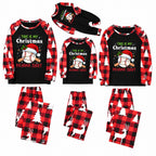 Four matching Christmas pajama sets shown on a plain white background, including long-sleeve shirts and pants in red-and-black buffalo plaid and black with holiday graphics and text.
