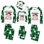 Three matching Christmas pajama sets for different sizes, featuring a white long-sleeve top with green plaid sleeves and a festive baseball graphic, paired with matching green plaid or white tree-print pants, shown on a plain white background.