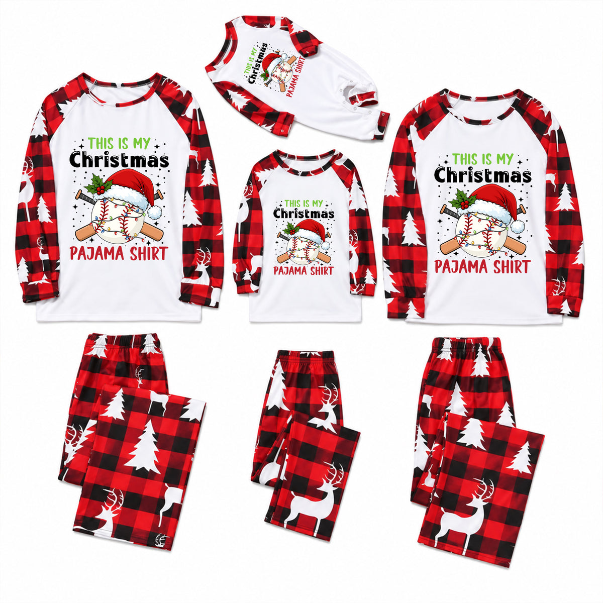 A coordinated Christmas pajama set shown in multiple sizes, including long-sleeve shirts and matching pants. The shirts are white with red buffalo plaid sleeves and front graphics reading 'THIS IS MY Christmas PAJAMAS SHIRT' with a baseball, Santa hat, and holiday tree motif.