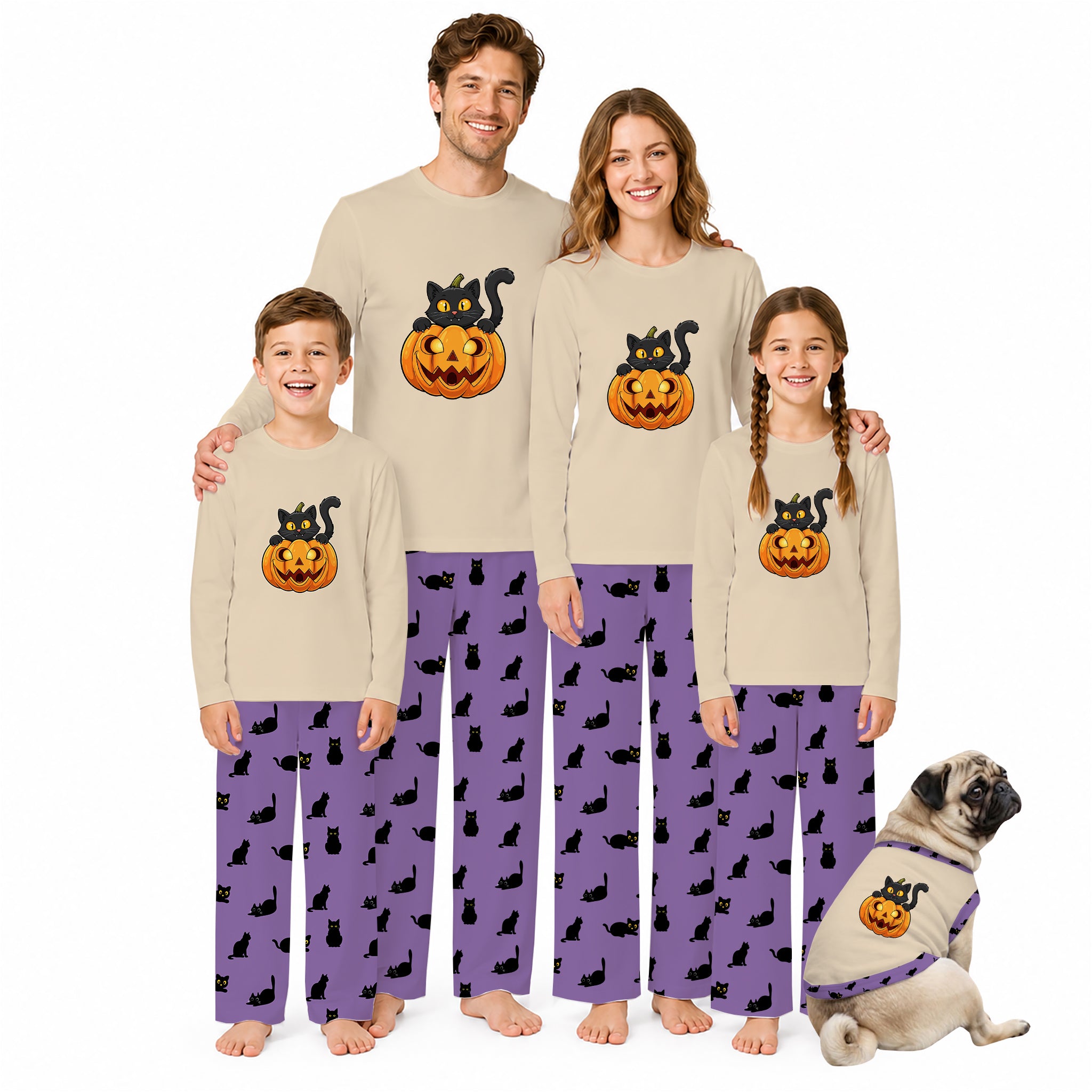 A family of four wearing matching Beige long-sleeve pajamas with a pumpkin and Black cat graphic, paiRed with Purple patterned pajama pants coveRed in Black cat silhouettes. A small pug dog sits beside them on a clean White background.