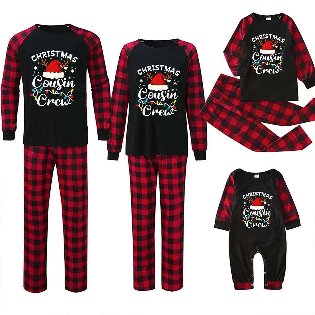 A coordinated Christmas family pajama set arranged on a light gray background, including long-sleeve tops and matching pants in green plaid and white with holiday graphics such as Santa hats, trees, reindeer, and the text 'Christmas Cousin Crew.'.