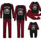 A coordinated Christmas family pajama set arranged on a light gray background, including long-sleeve tops and matching pants in green plaid and white with holiday graphics such as Santa hats, trees, reindeer, and the text 'Christmas Cousin Crew.'.