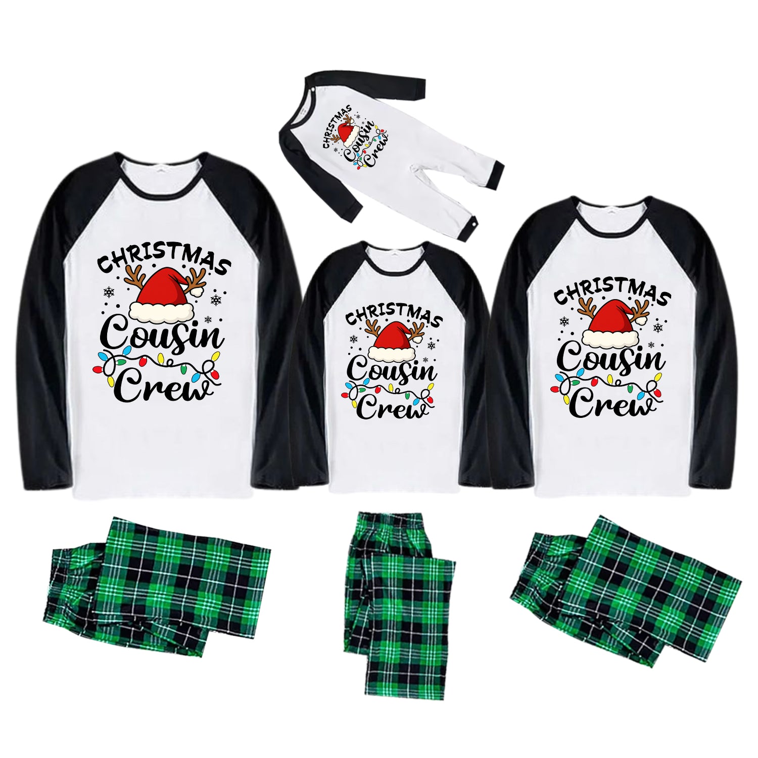 Three matching Christmas cousin crew pajama sets shown on a white background, including long raglan shirts, matching pants, and a pair of socks. The shirts are white with black sleeves and a colorful 'Christmas Cousin Crew' graphic with a Santa hat and holiday lights.