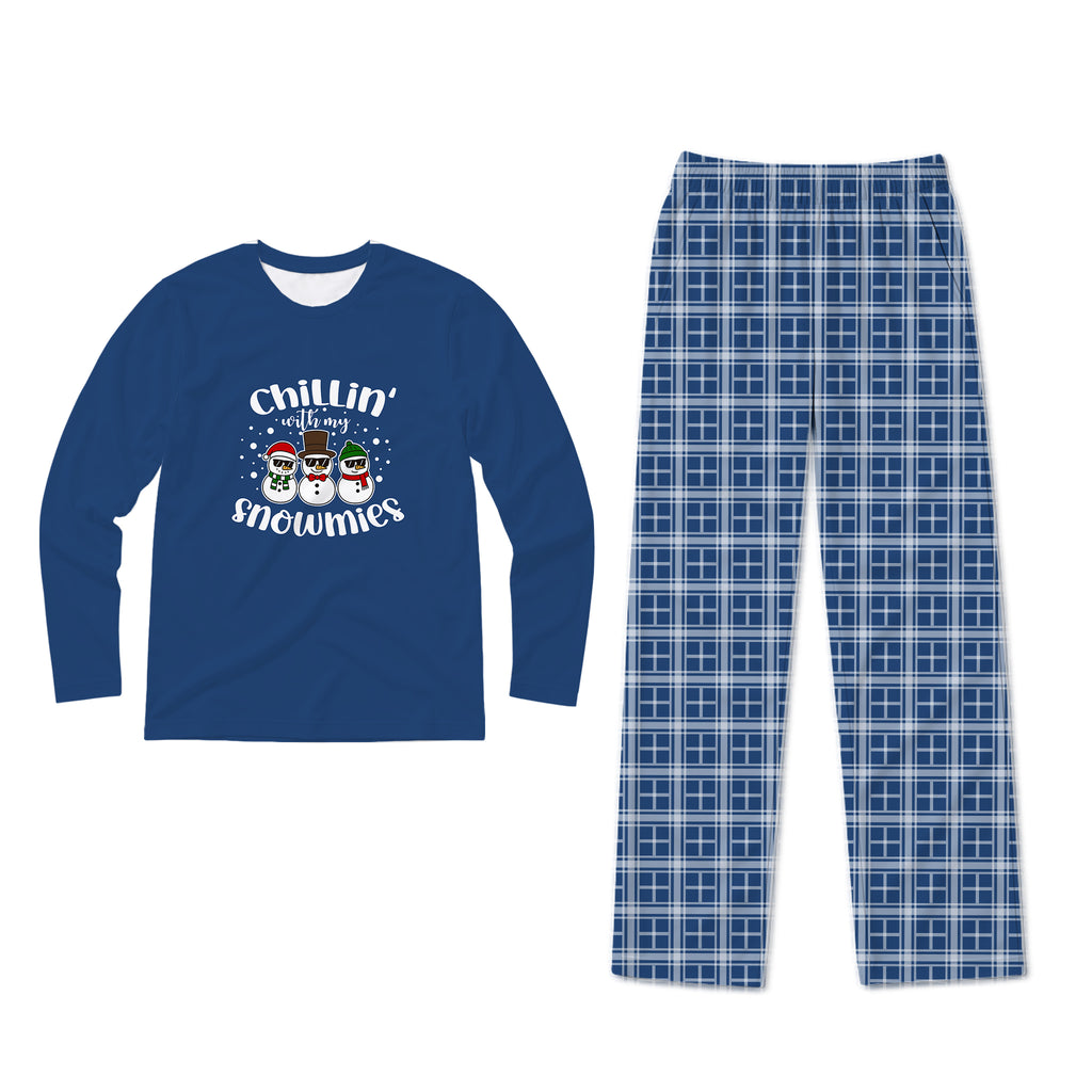 A two-piece long-sleeve pajama set on a white background. The long-sleeve shirt is royal blue with a white graphic that reads 'Chillin' snowmies' above three cartoon snowmen.