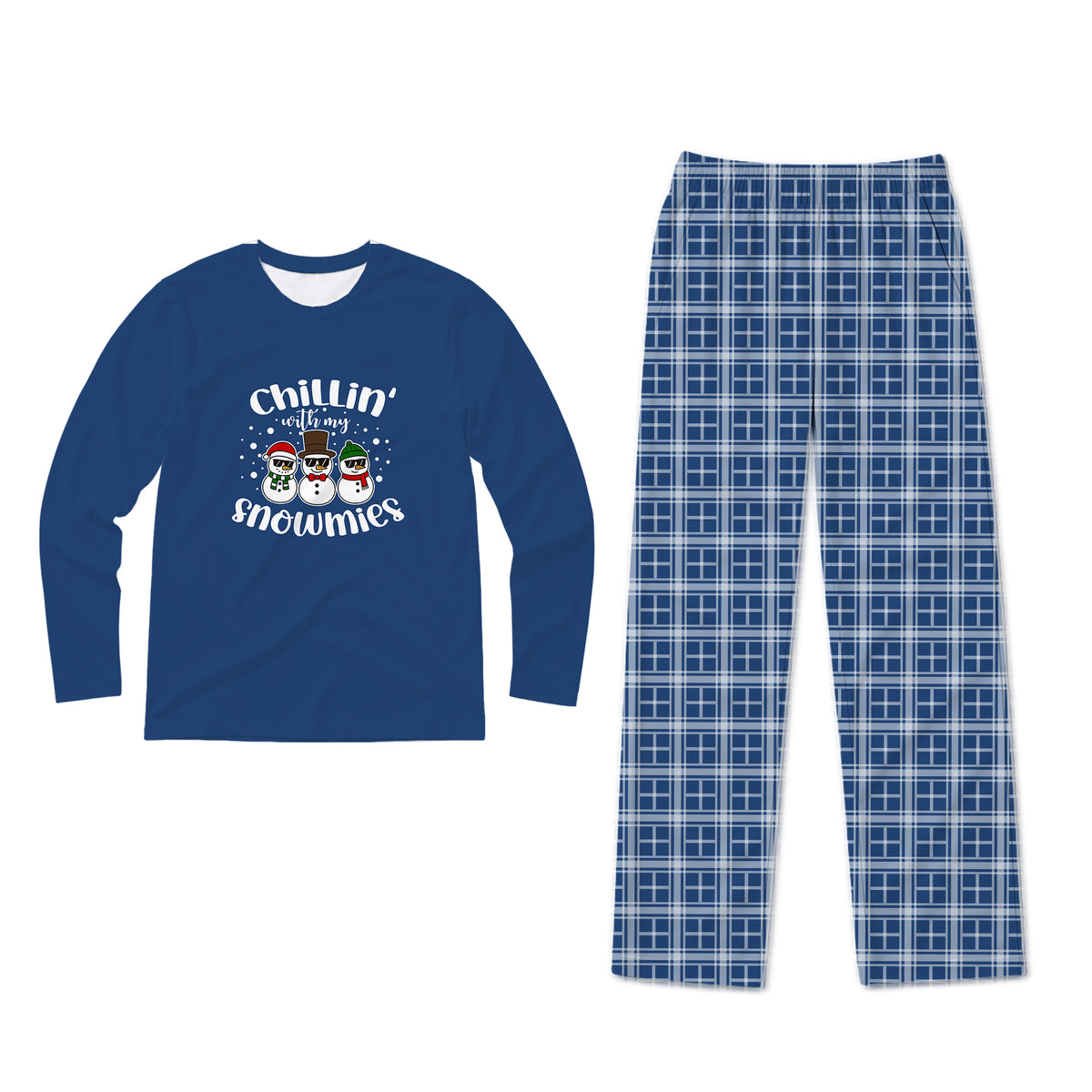 A two-piece long-sleeve pajama set on a white background. The long-sleeve shirt is royal blue with a white graphic that reads 'Chillin' snowmies' above three cartoon snowmen.