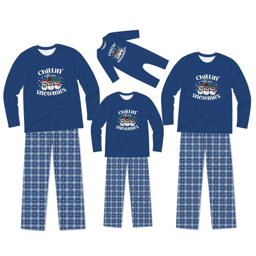 A matching family pajama set displayed on a white background, including three long-sleeve shirts and two pairs of plaid pants in blue and white. The shirts feature a graphic of three snowmen with the text 'Chillin' with snowman'.