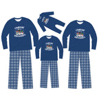 A matching family pajama set displayed on a white background, including three long-sleeve shirts and two pairs of plaid pants in blue and white. The shirts feature a graphic of three snowmen with the text 'Chillin' with snowman'.