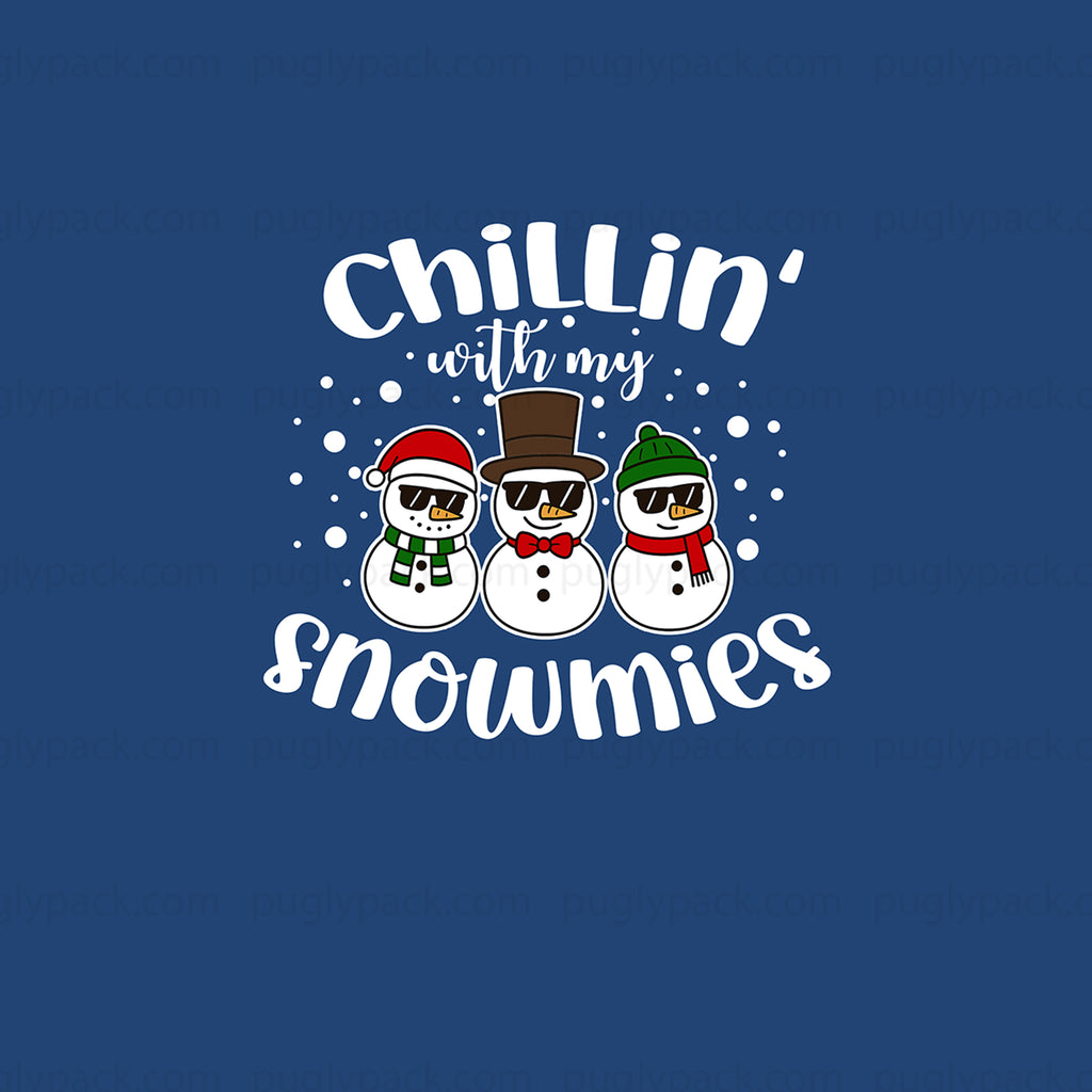 A blue graphic design featuring three cartoon snowmen wearing sunglasses and winter hats, with the text 'Chillin' with my snowmies' in white stylized lettering.