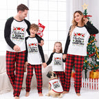 A family of four wearing matching Christmas raglan pajamas and a matching dog shirt, standing in a living room with a Christmas tree, stockings, and a pug in front of them.