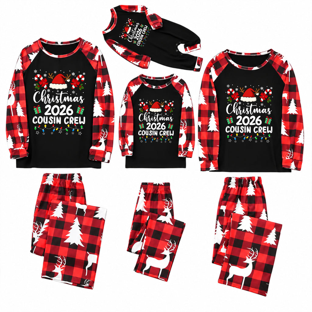 A matching family Christmas pajama set shown in three sizes, including long-sleeve raglan shirts and pants. The set features a black shirt with red and white plaid sleeves, a festive graphic on the chest, and white reindeer and Christmas tree prints on the pants.