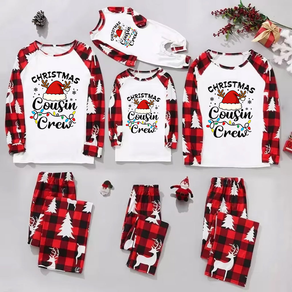 Three matching Christmas cousin crew pajama sets arranged on a light gray background, including long-sleeve raglan shirts and plaid pants in red, black, and white holiday prints. The shirts read 'Christmas Cousin Crew' with a Santa hat and colorful holiday accents, and the pants feature tree and reindeer motifs.