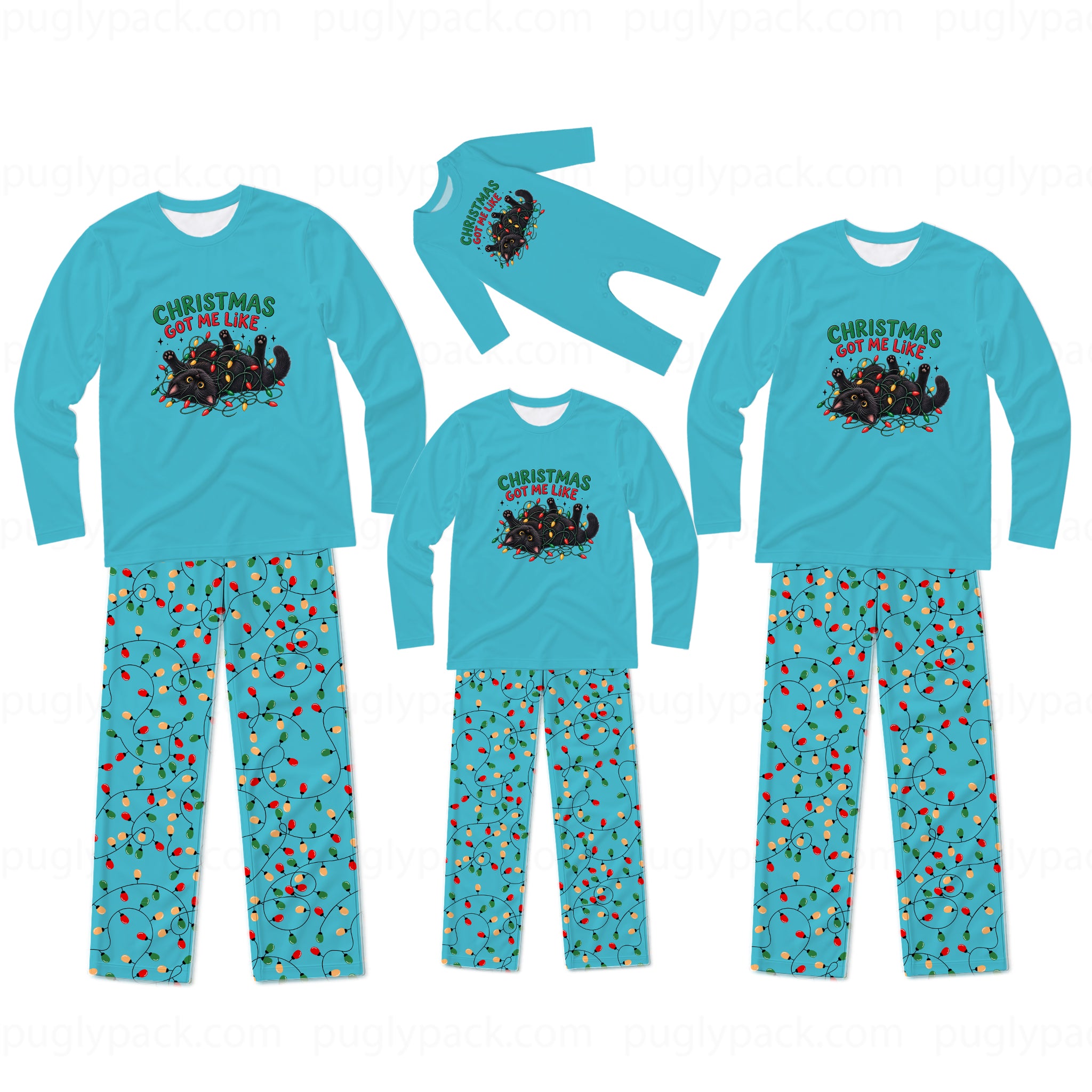 Three sizes of matching family Christmas pajamas displayed on invisible mannequins against a white background. The set includes a long-sleeve crewneck shirt and matching patterned pants in turquoise blue, featuring a 'CHRISTMAS SPILTER MALL' graphic with a sleigh and reindeer on the chest, and a small red and green holiday print all over the pants.