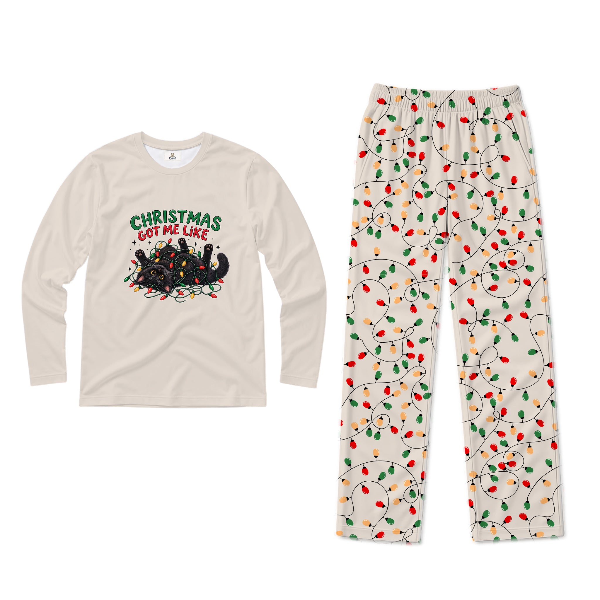 A two-piece Christmas pajama set on a white background. The long-sleeve shirt is cream with a graphic of Santa Claus and the text 'CHRISTMAS GOT ME LIKE', while the matching pants are cream with an all-over pattern of red, green, and yellow holiday string lights.