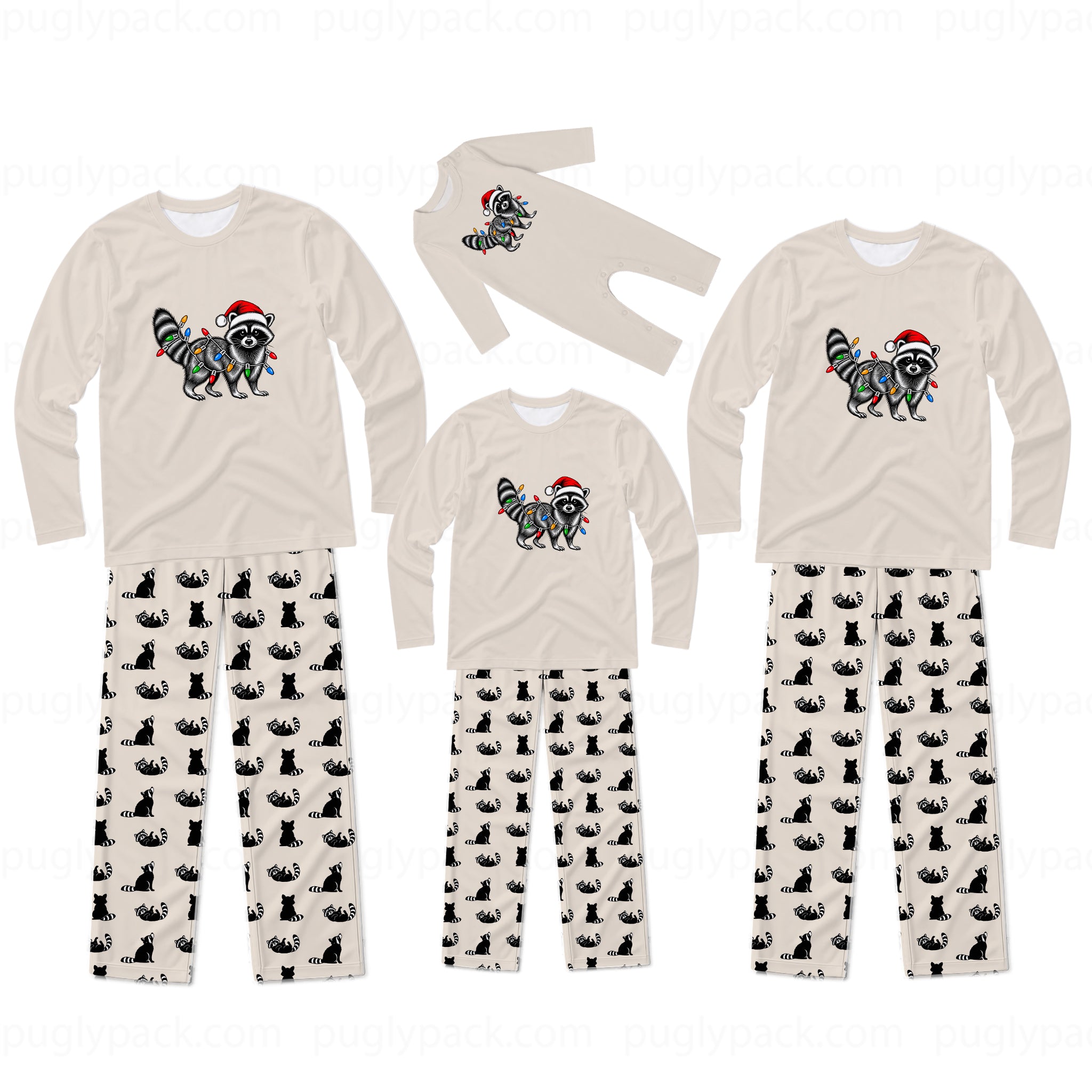 A matching family pajama set displayed on a white background, including three sizes of long-sleeve shirts and pants. The shirts are cream-colored with a raccoon graphic decorated with colorful Christmas lights and a red Santa hat.