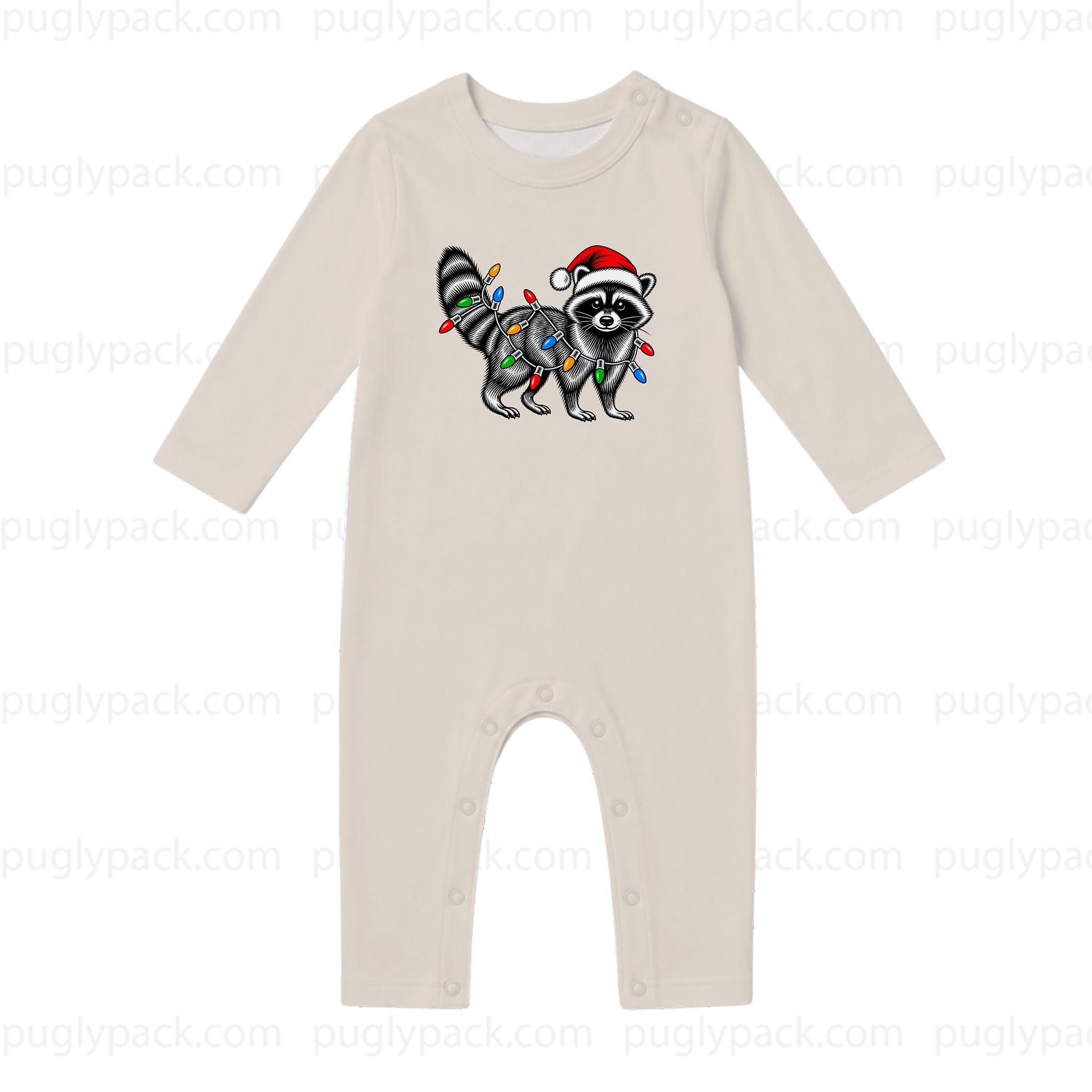 A long-sleeve baby romper in a light oatmeal beige color, featuring a graphic of a raccoon wearing a Santa hat and wrapped in Christmas lights on the chest. The romper has snap closures at the crotch.