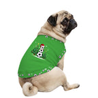 A fawn pug dog wearing a bright green pet sweater with a festive snowman and soccer ball graphic on the back, set against a plain white background.