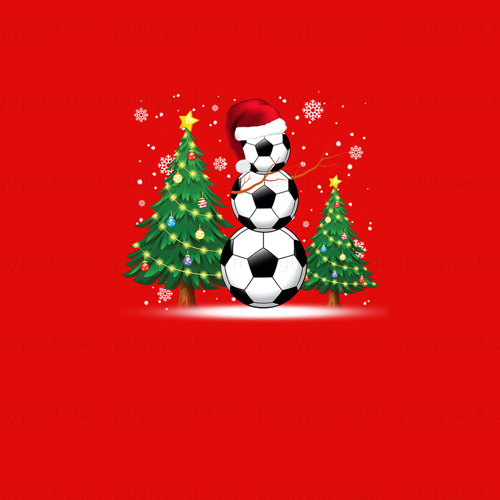 A festive Christmas-themed graphic featuring soccer balls stacked like a snowman wearing a Santa hat, flanked by two decorated Christmas trees on a solid red background with white snowflakes.