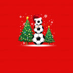A festive Christmas-themed graphic featuring soccer balls stacked like a snowman wearing a Santa hat, flanked by two decorated Christmas trees on a solid red background with white snowflakes.