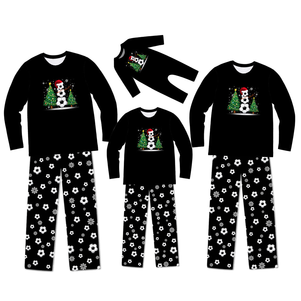 Three black long-sleeve pajama sets shown in different sizes on a white background, each with a Christmas snowman and tree graphic on the chest and white floral pants.