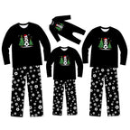 Three black long-sleeve pajama sets shown in different sizes on a white background, each with a Christmas snowman and tree graphic on the chest and white floral pants.