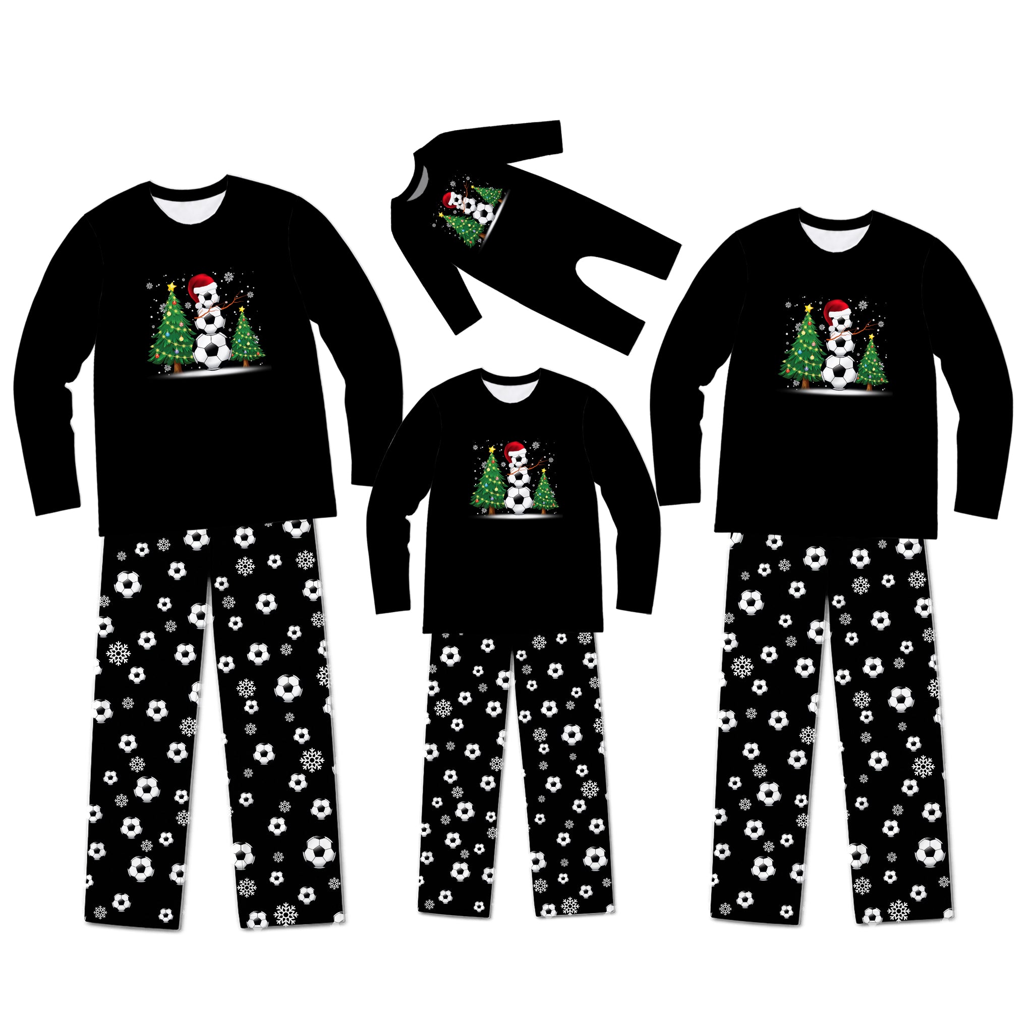 Three black long-sleeve pajama sets shown in different sizes on a white background, each with a Christmas snowman and tree graphic on the chest and white floral pants.
