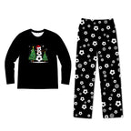 A two-piece kids' pajama set on a plain white background. The long-sleeve shirt is black with a festive graphic of a snowman wearing a red Santa hat and scarf next to a soccer ball.