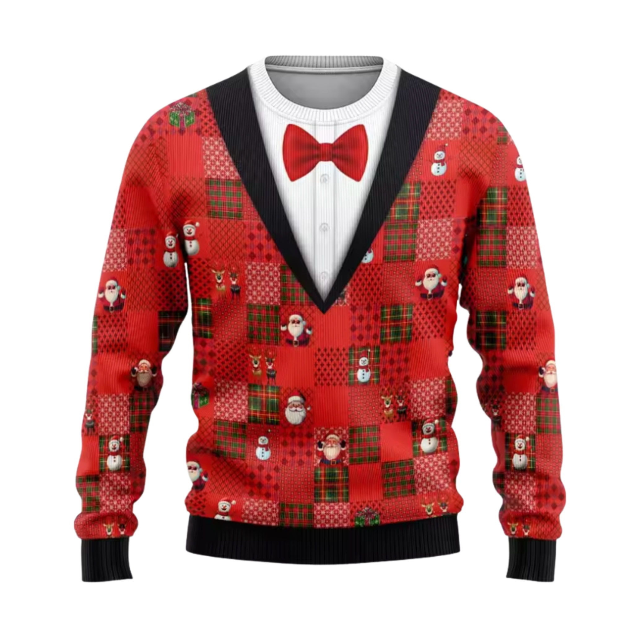 A festive Christmas-themed knit sweater cardigan featuring a Red and Green patchwork pattern with Santa Claus, snowmen, and plaid motifs, styled with a White shirt insert and Red bow tie on a plain White background.
