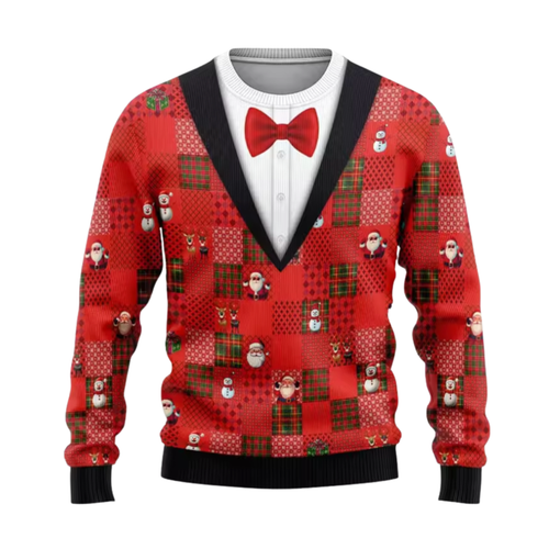 A festive Christmas-themed knit sweater cardigan featuring a Red and Green patchwork pattern with Santa Claus, snowmen, and plaid motifs, styled with a White shirt insert and Red bow tie on a plain White background.