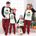 A family of four and a dog wearing matching holiday cousin-themed pajamas, standing in a living room with a Christmas tree, stockings, and wrapped gifts in the background.