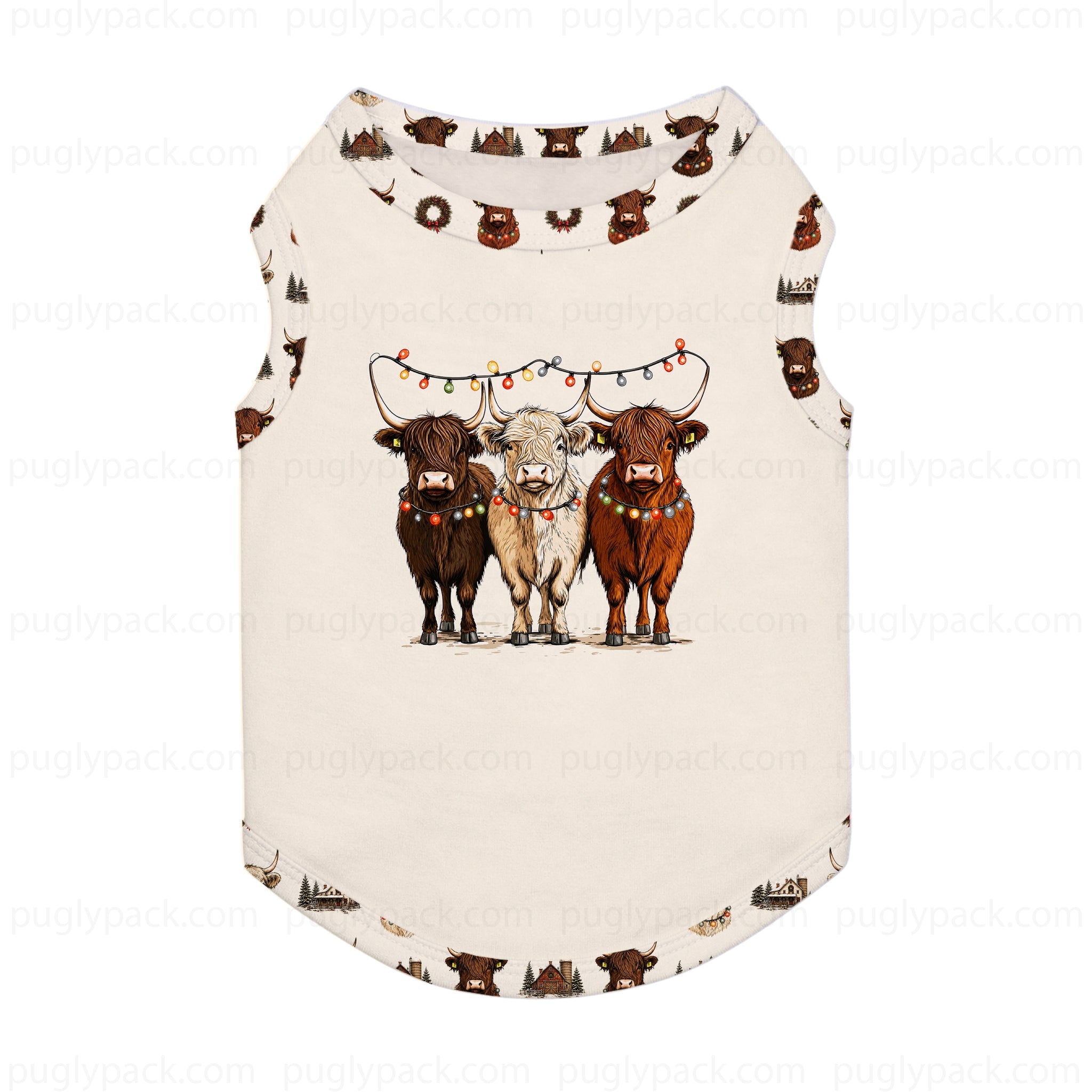 A sleeveless Cream-coloRed pet shirt featuring a graphic of three Highland cows under Christmas lights, with a small brown cow pattern printed around the neckline and hem.