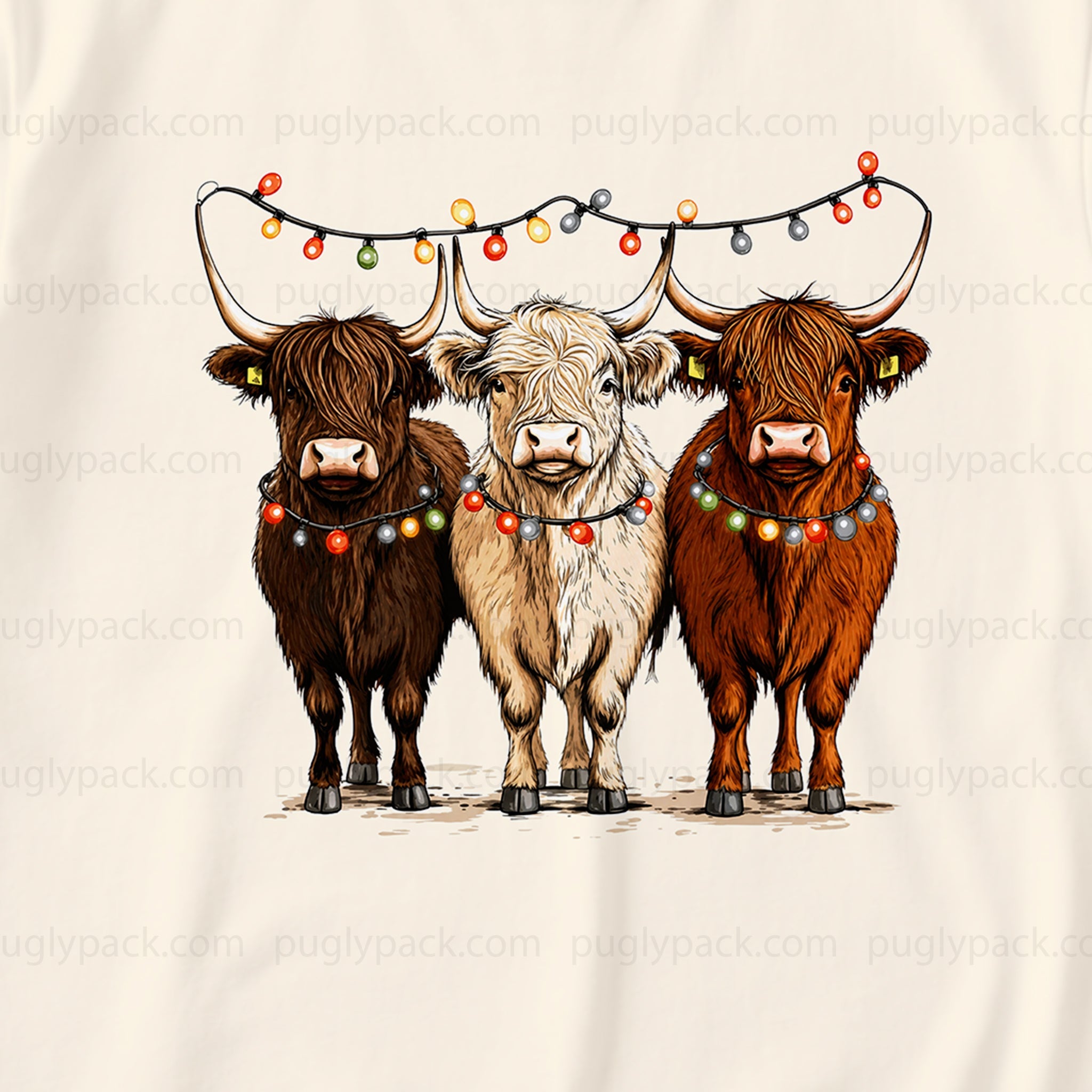 A graphic print on a Cream-coloRed fabric featuring three Highland cows wearing colorful Christmas string lights. The background has a repeating watermark of 'puglypack.