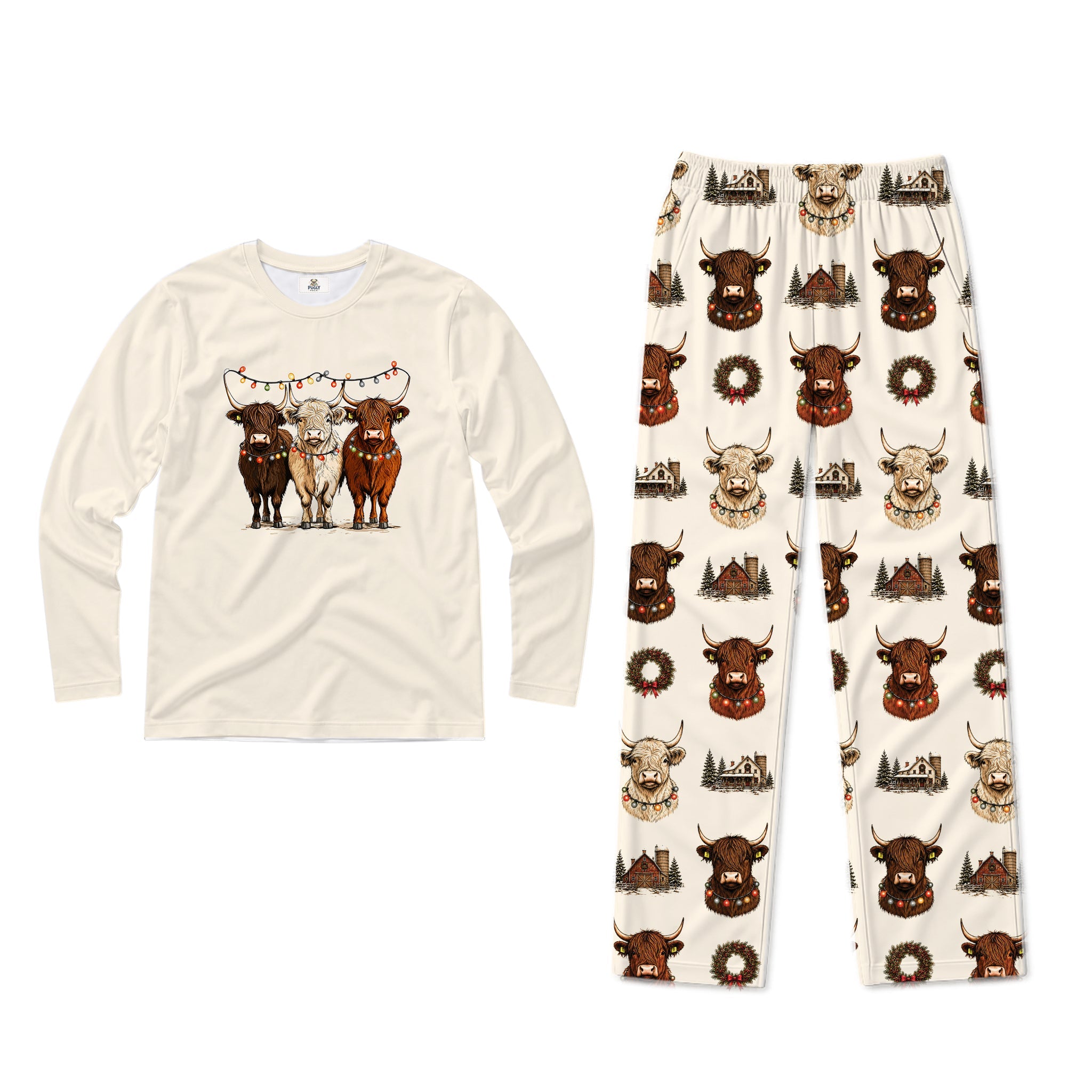 A two-piece pajama set on a White background, featuring a Cream long-sleeve shirt with a graphic of three Highland cattle under Christmas lights, and matching Cream pants with an all-over print of Highland cattle, wreaths, and snowflakes.