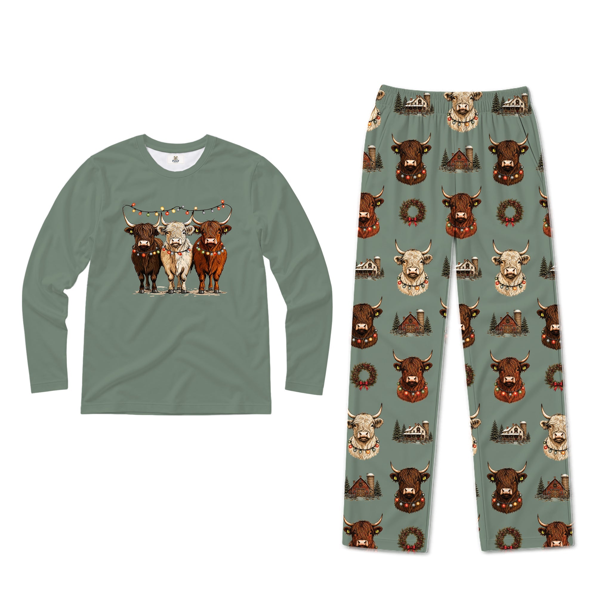 A two-piece pajama set on a White background, featuring a sage Green long-sleeve shirt with a graphic of three Highland cows, and matching sage Green pants with an all-over print of Highland cow heads, wreaths, and small signs.