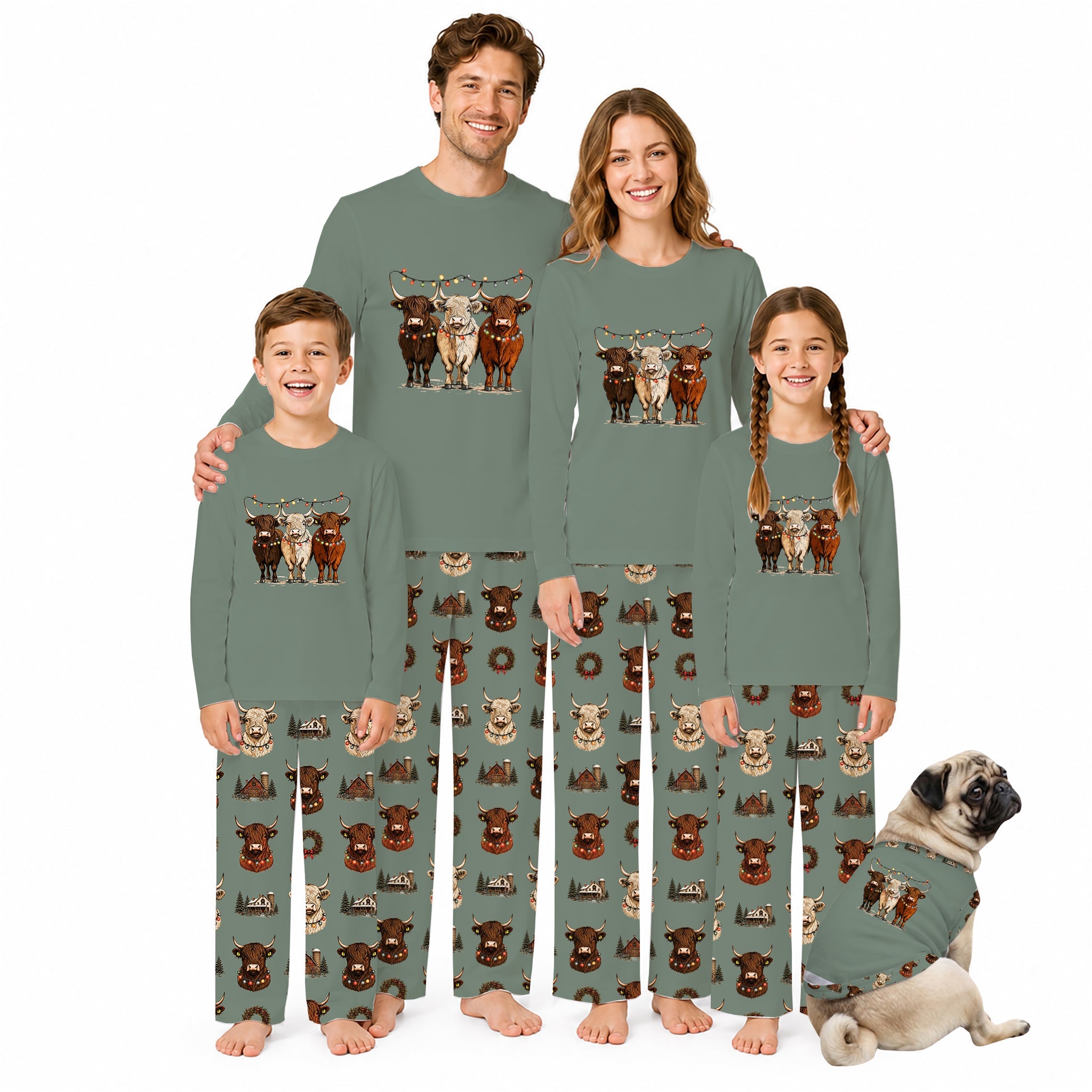 A family of four wearing matching sage Green long-sleeve pajamas with a Highland cow graphic on the chest and a repeating cow print on the pants, standing together on a White background with a pug dog at their side.