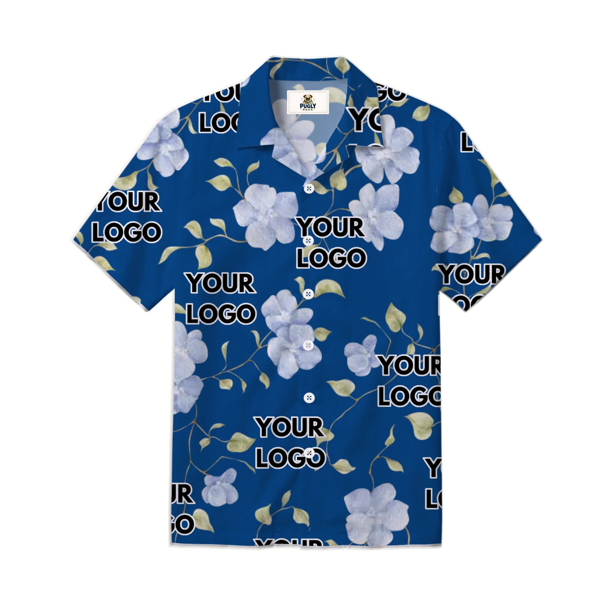 A short-sleeve button-up camp collar shirt in royal blue, featuring a white and light purple floral pattern with green leaves and repeating 'YOUR LOGO' placeholder text, shown on a plain white background.