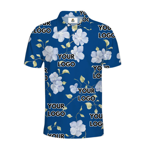 A short-sleeve polo shirt with a royal blue background, featuring a white floral pattern with yellow-green leaves and repeated placeholder text 'YOUR LOGO'.