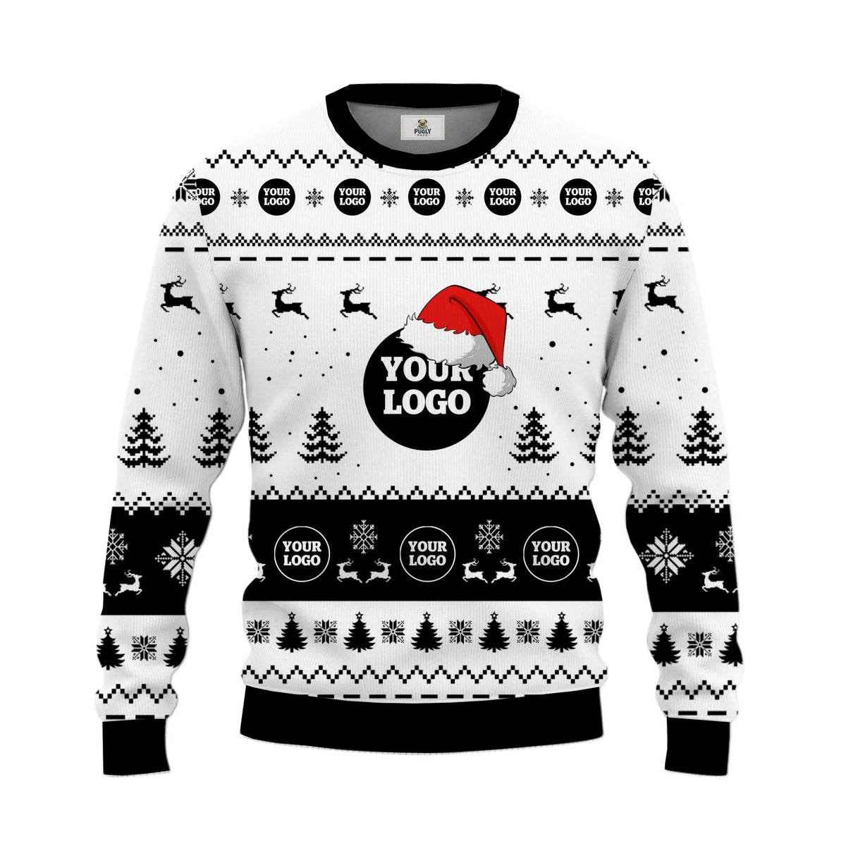 A white and black Christmas crewneck sweater with festive patterns including reindeer, pine trees, snowflakes, and black circular logo placeholders, featuring a Santa hat graphic on the chest.