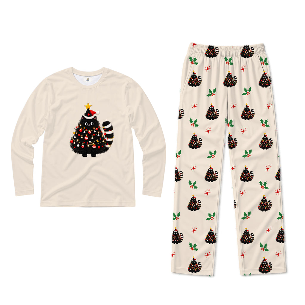 A two-piece Christmas pajama set on a plain white background. The set includes a long-sleeve cream shirt with a black cat dressed as a Christmas tree graphic, and matching cream pants with an all-over print of the same cat in a Christmas tree, red ornaments, and green holly leaves.