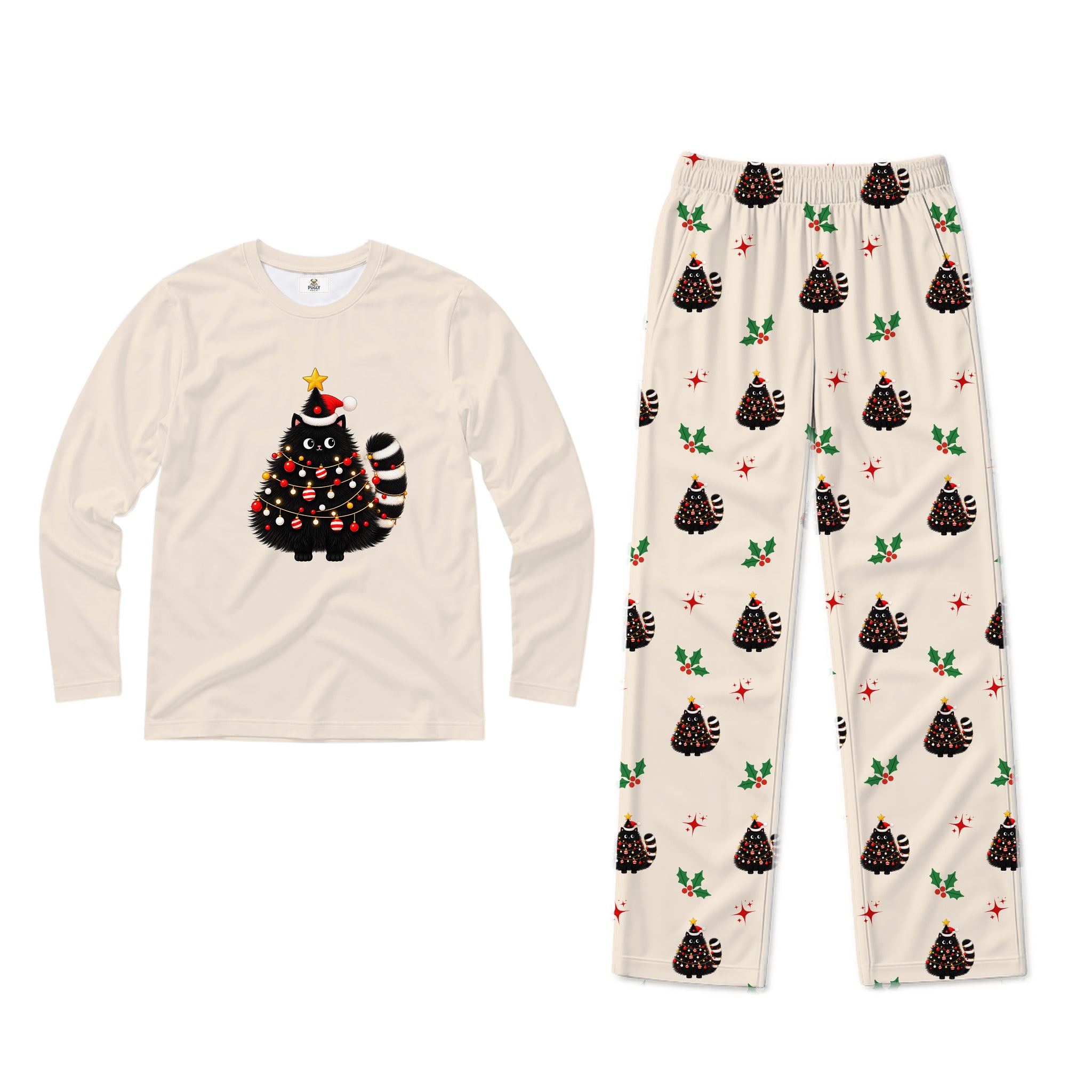 A two-piece Christmas pajama set on a plain white background. The set includes a long-sleeve cream shirt with a black cat dressed as a Christmas tree graphic, and matching cream pants with an all-over print of the same cat in a Christmas tree, red ornaments, and green holly leaves.