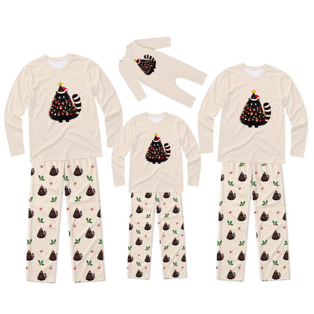 Three matching family Christmas pajama sets in different sizes, featuring cream-colored long-sleeve tops with a black-and-white striped Christmas tree graphic and patterned pants. The pants have holly and pinecone motifs, with the largest set having dark brown pinecones and the smaller sets having dark brown pinecones with green holly accents.