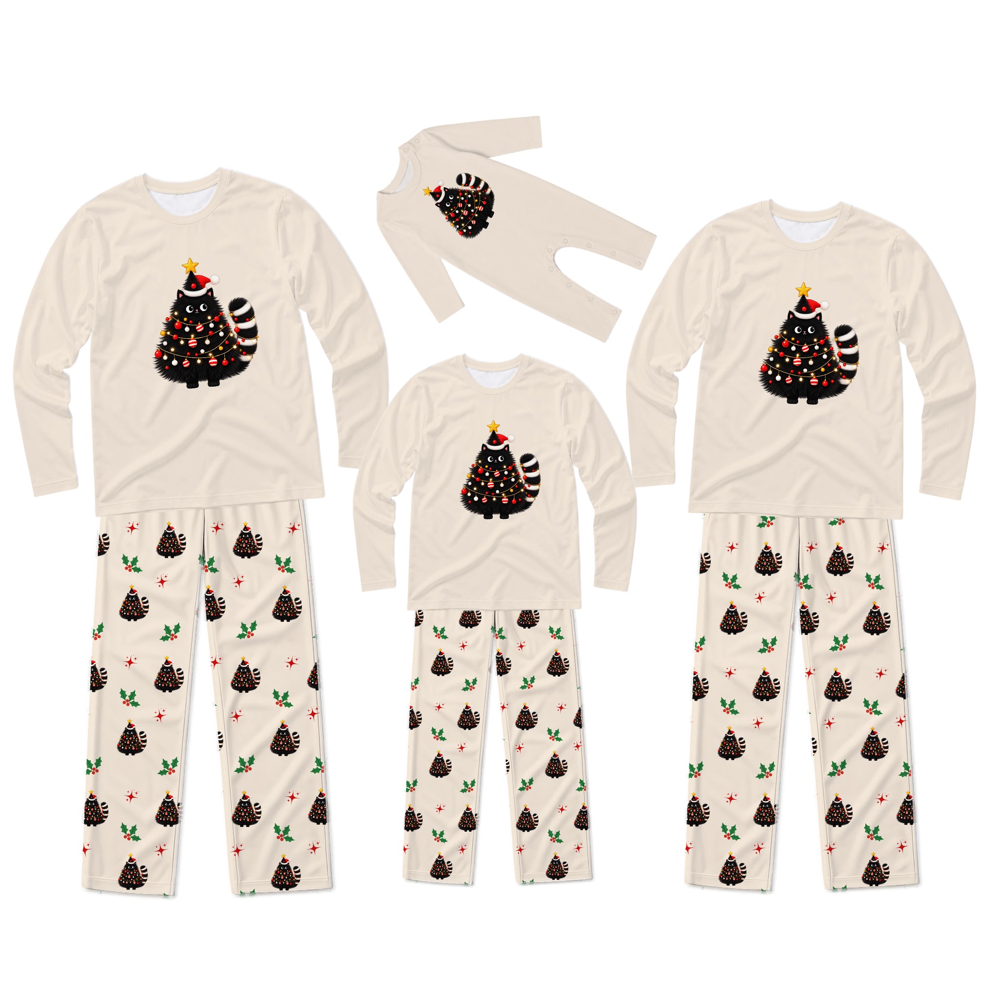 Three matching family Christmas pajama sets in different sizes, featuring cream-colored long-sleeve tops with a black-and-white striped Christmas tree graphic and patterned pants. The pants have holly and pinecone motifs, with the largest set having dark brown pinecones and the smaller sets having dark brown pinecones with green holly accents.