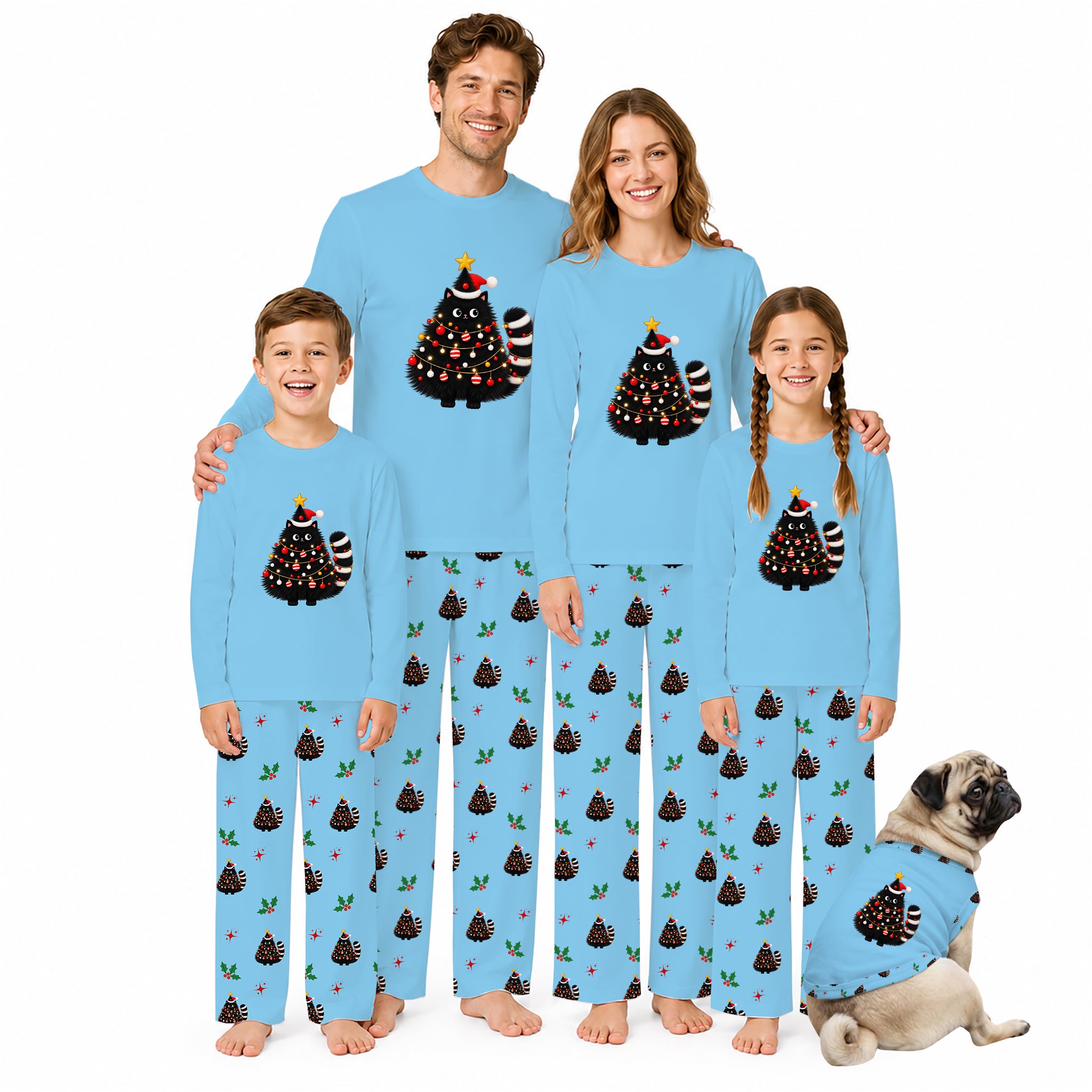 A family of five wearing matching light blue long-sleeve pajamas with a Christmas tree and striped animal print, standing together on a white background, with a small pug dog wearing a matching pajama set beside them.